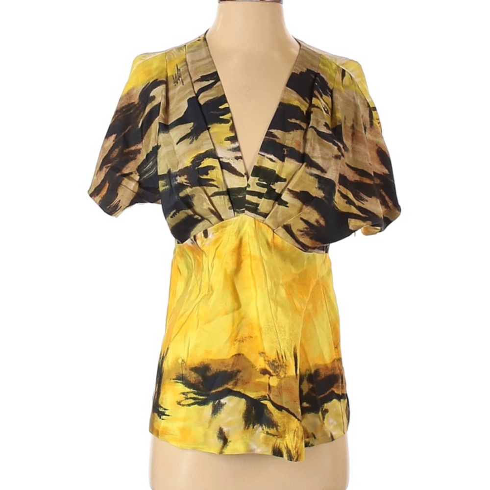 BCBG Yellow Silk V-Neck Painted Blouse